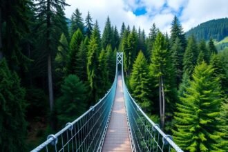Capilano függőhíd, lenyűgöző kilátás a lombkorona felett Vancouverben.