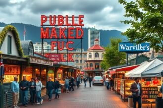 Granville Market élénk piaca Vancouverben, helyi ízekkel és kézműves boltokkal.