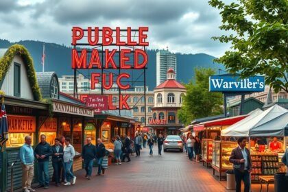 Granville Market élénk piaca Vancouverben, helyi ízekkel és kézműves boltokkal.