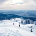Síelők a Grouse Mountain havazós lejtőjén, lélegzetelállító kilátás Vancouverre