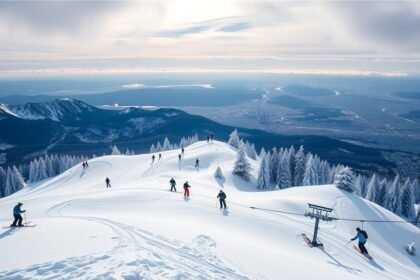 Síelők a Grouse Mountain havazós lejtőjén, lélegzetelállító kilátás Vancouverre