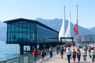 Séta a Canada Place mólóján Vancouverben friss levegővel és gyönyörű kilátással