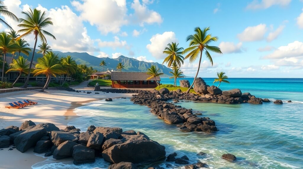 Hawai'i tengerparti táj, pálmafák és nyugodt vizek