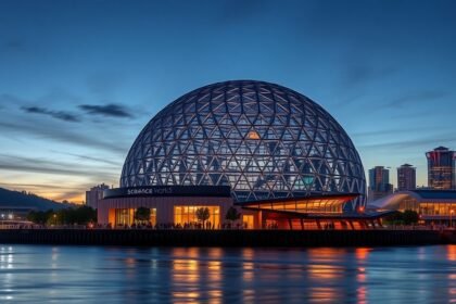 Science World Vancouver, interaktív tudományos központ gyönyörű éjszakai fényben.