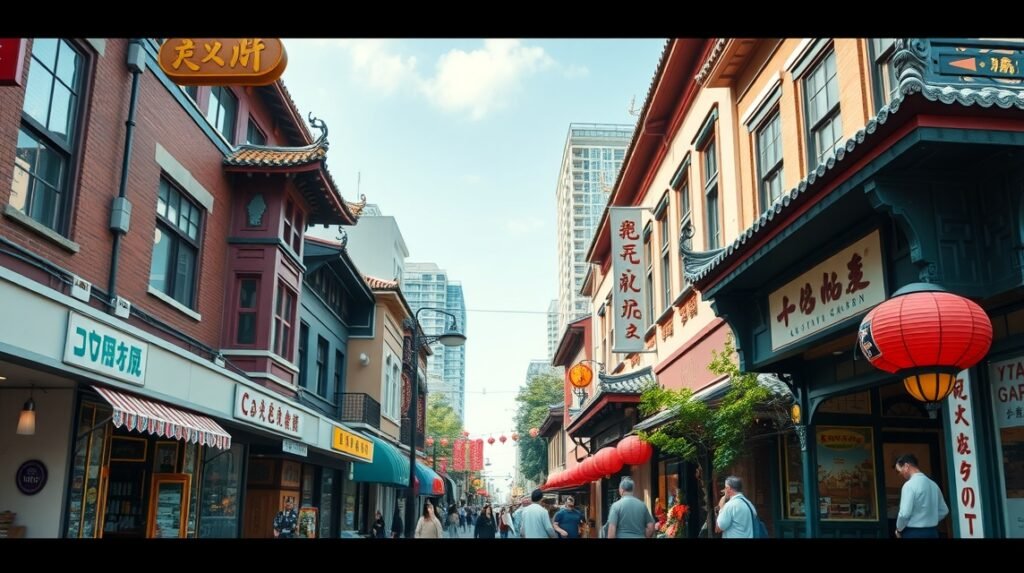 Vancouver kínai negyedének élénk utcái vörös lampionokkal.