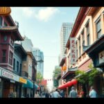 Vancouver kínai negyedének élénk utcái vörös lampionokkal.