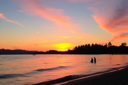 Naplemente az English Bay strandon Vancouverben