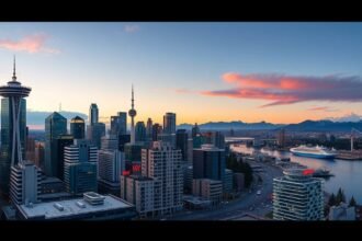 Vancouver város panorámája naplementében, Hollywood North jellegzetességekkel.