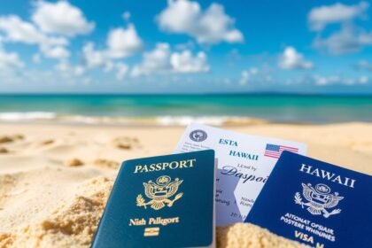 Hawaiira készülő utazók útlevele és ESTA dokumentuma tengerparton