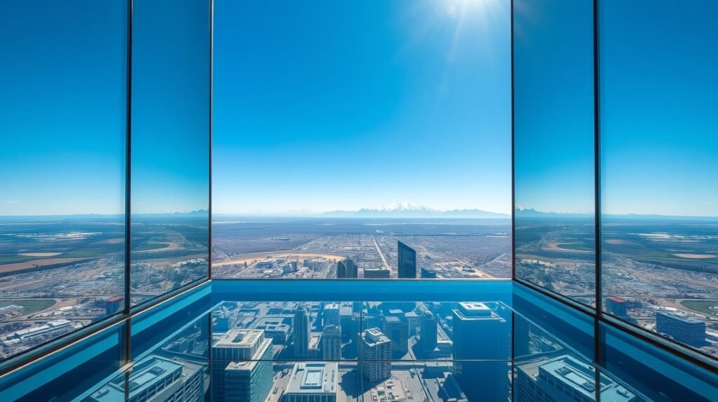 Kilátás Calgary városára és a Sziklás-hegységre a Calgary Tower üvegpadlójáról