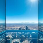 Kilátás Calgary városára és a Sziklás-hegységre a Calgary Tower üvegpadlójáról