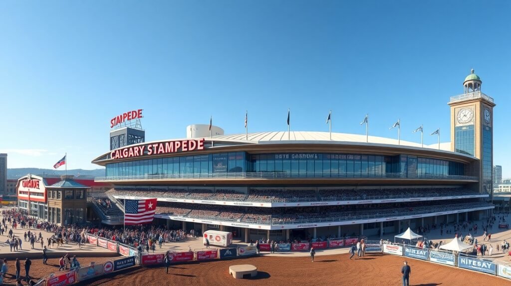Calgary Stampede aréna és park panorámaképe látogatók tömegével