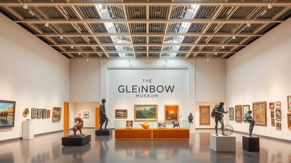 A Glenbow Múzeum kiállítótere Calgaryban, művészeti alkotásokkal.