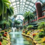 Beltéri botanikus kert, színes növények és vízesés Calgary belvárosában.