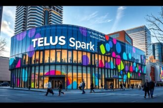 A TELUS Spark tudományos központ épülete Calgaryban, színes dizájnnal.