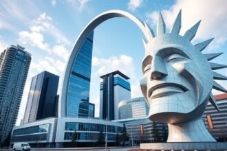 The Bow felhőkarcoló és az óriásfej szobor Calgaryban