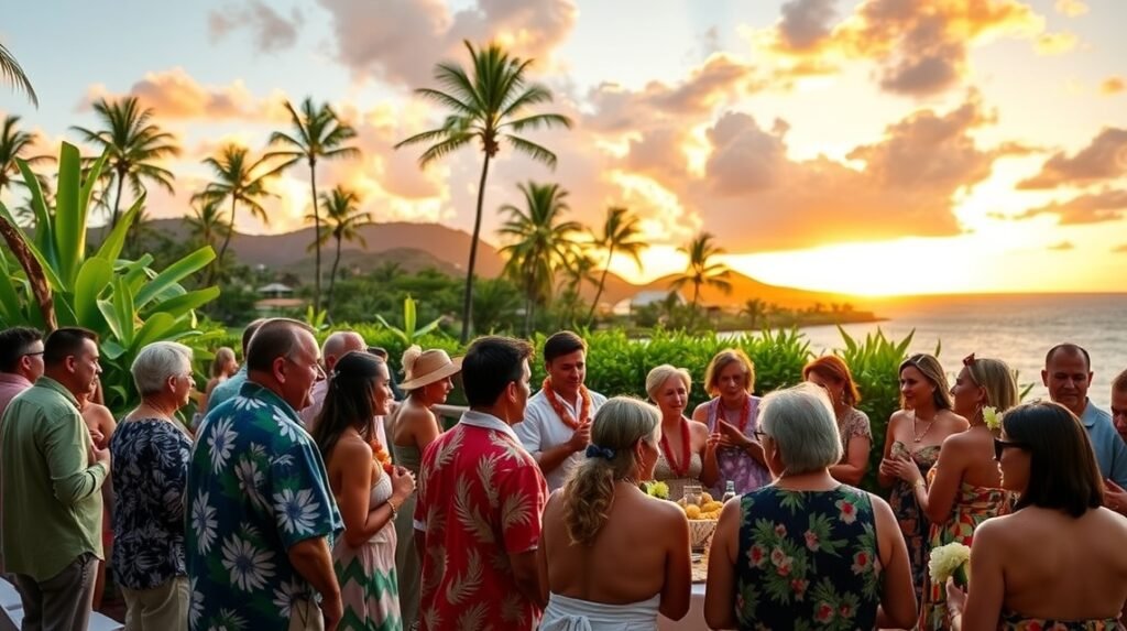 Helyi szokások Hawaii-n, naplementében ünneplő emberek csoportja.