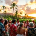 Helyi szokások Hawaii-n, naplementében ünneplő emberek csoportja.