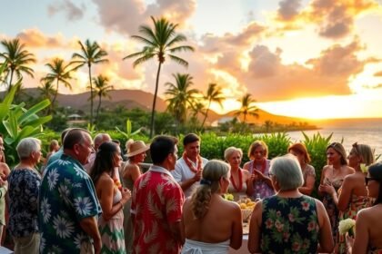 Helyi szokások Hawaii-n, naplementében ünneplő emberek csoportja.
