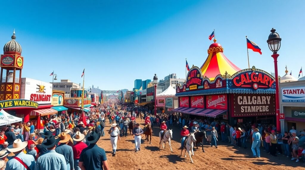 A Calgary Stampede színes látképe emberekkel és standokkal