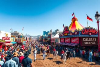 A Calgary Stampede színes látképe emberekkel és standokkal