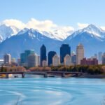 Calgary városképe a Sziklás-hegység háttérben