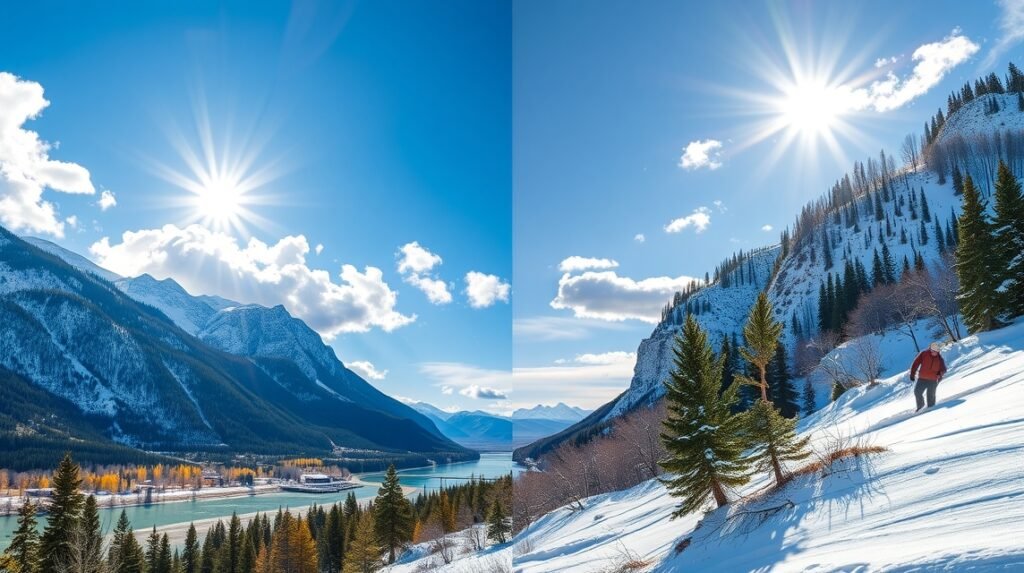 Gyönyörű havas táj Calgary környékén, napsütéssel, téli túrázóval.