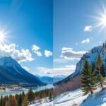 Gyönyörű havas táj Calgary környékén, napsütéssel, téli túrázóval.