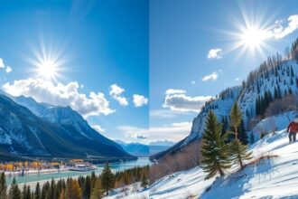 Gyönyörű havas táj Calgary környékén, napsütéssel, téli túrázóval.