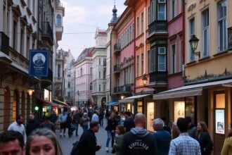 Bukarest, Lipscani óváros nyüzsgő utcája történelmi épületekkel