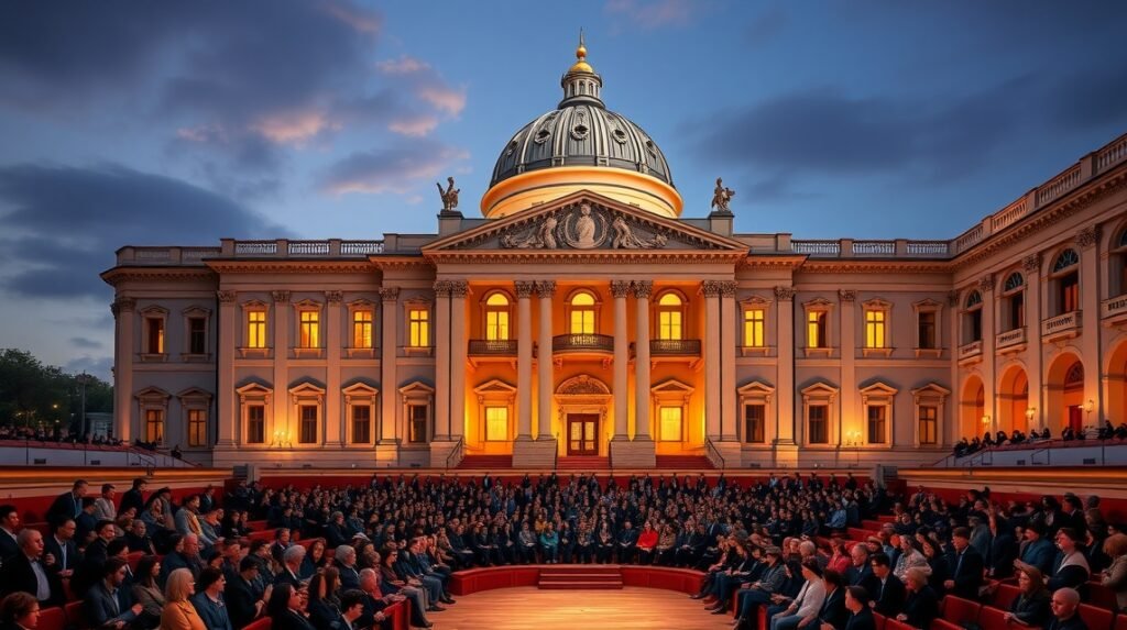 A Román Athenaeum hangversenyterme Bukarest éjjel, tele emberekkel.