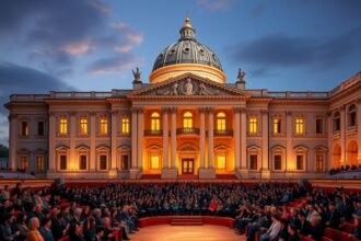A Román Athenaeum hangversenyterme Bukarest éjjel, tele emberekkel.
