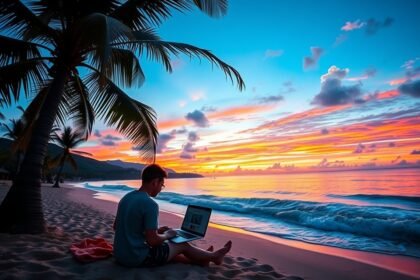 Digitális nomád internetezés a hawaii tengerparton naplementében