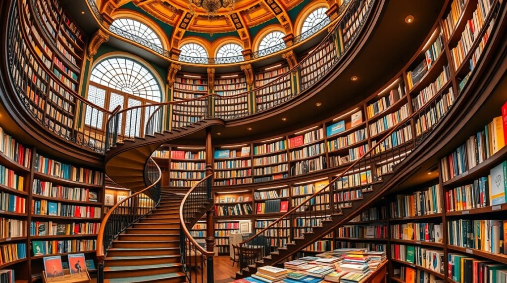 A Cărturești Carusel lépcsői és könyvespolcai Bukarestben.