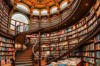 A Cărturești Carusel lépcsői és könyvespolcai Bukarestben.