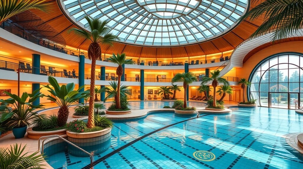 Therme București trópusi oázis medencével és pálmákkal
