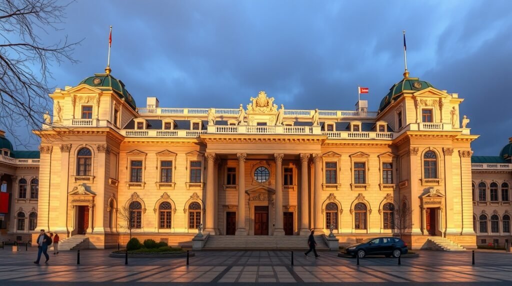 A Román Nemzeti Történeti Múzeum impozáns homlokzata Bukarestben.
