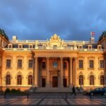 A Román Nemzeti Történeti Múzeum impozáns homlokzata Bukarestben.