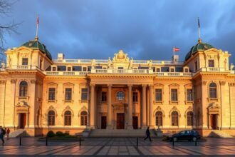 A Román Nemzeti Történeti Múzeum impozáns homlokzata Bukarestben.