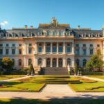 A Cotroceni Palota impozáns épülete és gyönyörű kertje Bukarestben.