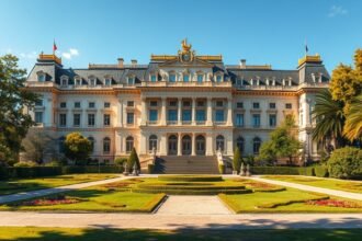 A Cotroceni Palota impozáns épülete és gyönyörű kertje Bukarestben.