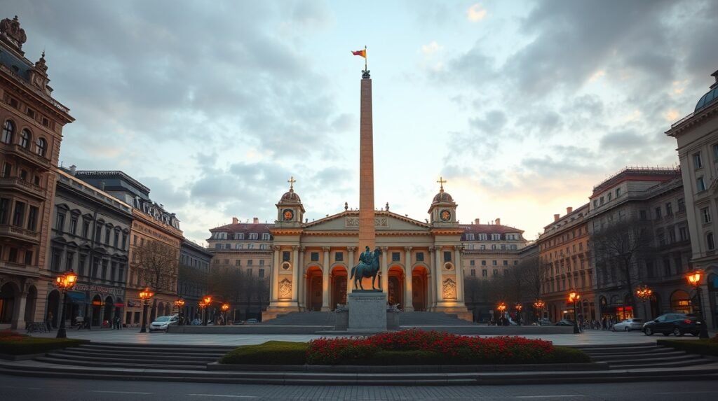 A Forradalom tere és az Újjászületés emlékműve Bukarestben.