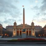 A Forradalom tere és az Újjászületés emlékműve Bukarestben.