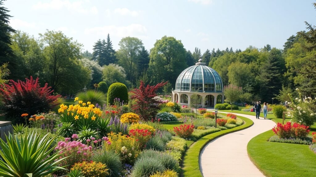 Bukaresti Botanikus Kert gyönyörű virágokkal és üvegházzal