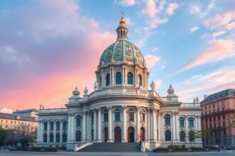 A CEC Palota kupolás épülete Bukarestben, gyönyörű aranyozott díszítéssel.