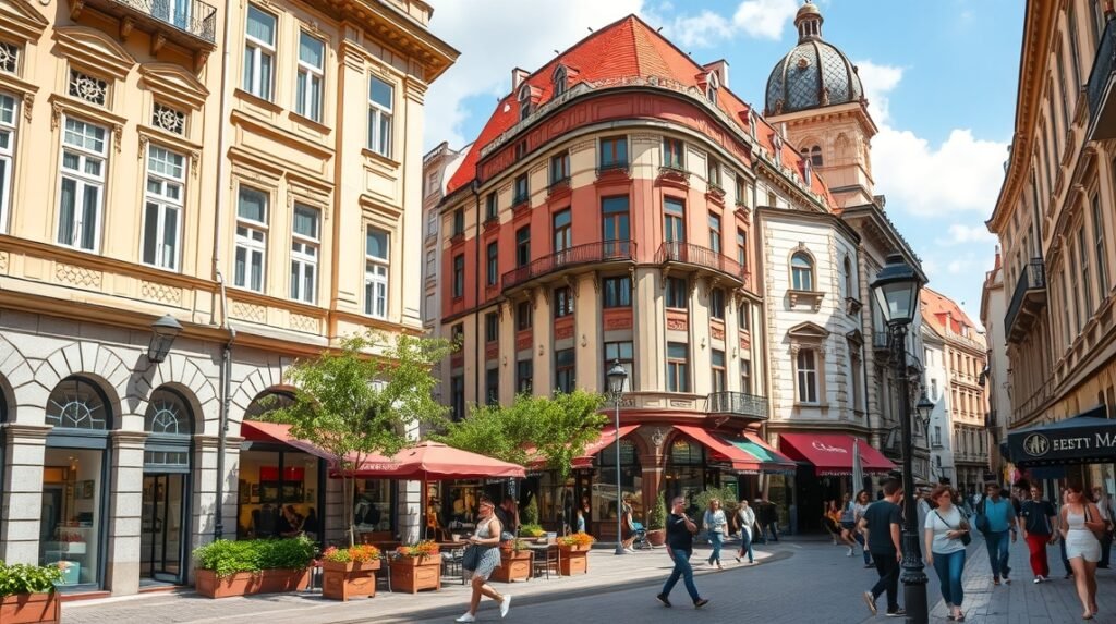 Bukarest elegáns utcái art nouveau épületekkel és kávéházakkal.