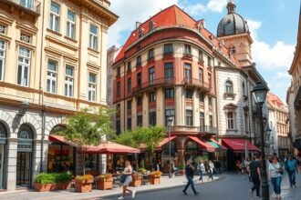 Bukarest elegáns utcái art nouveau épületekkel és kávéházakkal.