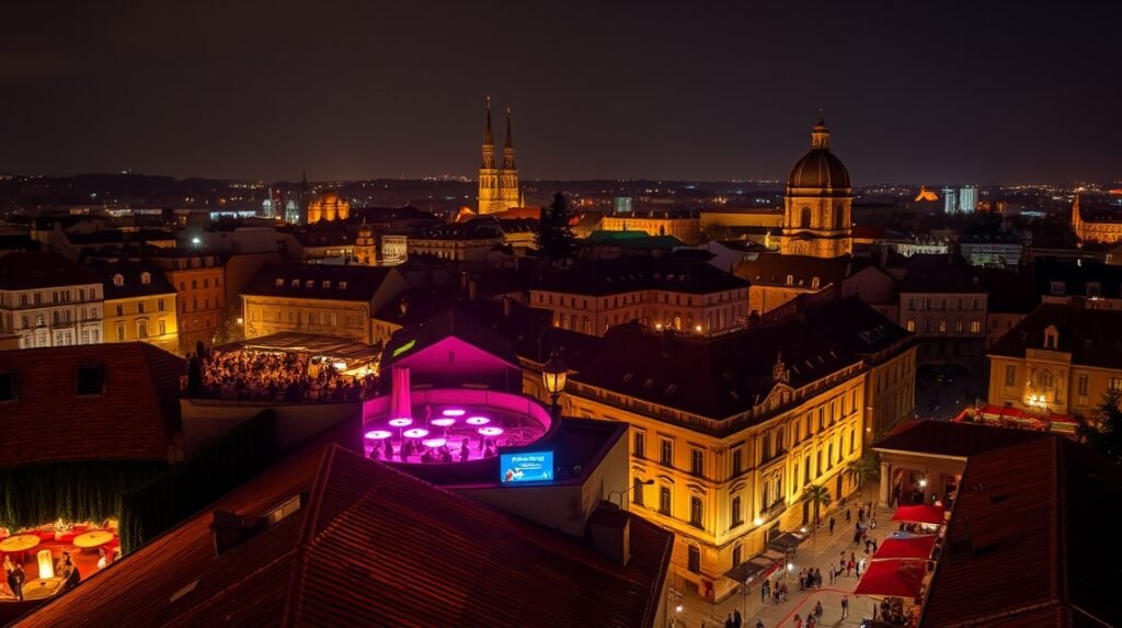 Bukarest éjszakai élet, neon fényekkel teli teraszok és klubok.