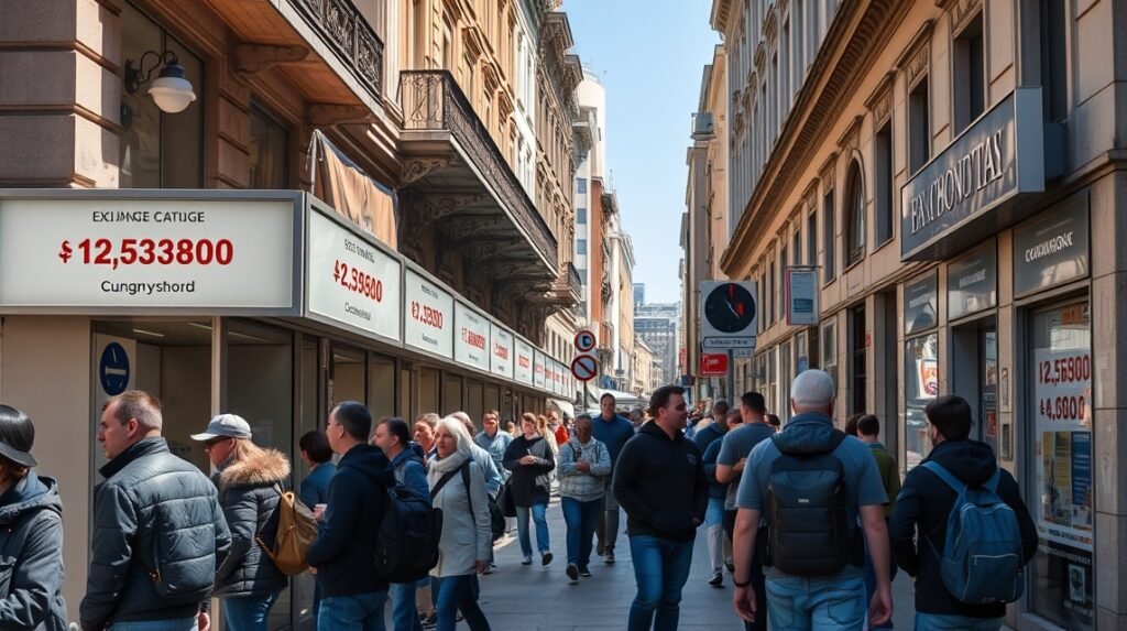 Pénzváltás Bukarest belvárosában, forgalmas utca