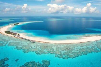 Gyönyörű trópusi strand a Maldív-szigeteken tiszta vízzel és korallzátonyokkal.
